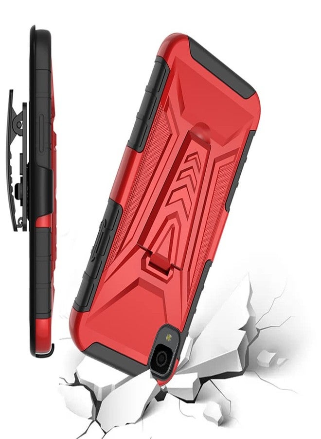 تي چيه'اس جراب TJS متوافق مع هاتف Alcatel TCL 30 Z T602DL، وجراب TCL 30 LE، مع واقي شاشة من الزجاج المقوى، وحافظة بمشبك حزام، وحامل هجين، وغطاء حماية متين من السقوط (أحمر) - Image 4