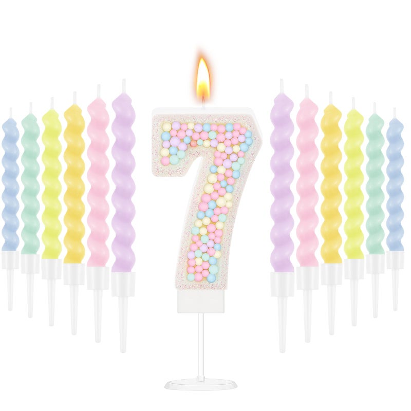 MTLEE Number 7 Birthday Candle with 12 Pcs Spiral Candles for Girls Macaron Pastel Rainbow Unicorn Pink Cake Topper for Sweet Theme Party Decoration