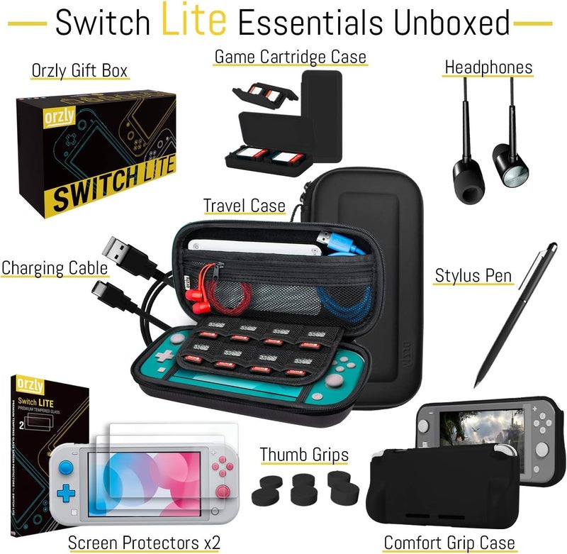 Orzly Switch Lite Accessories Bundle - Case & Screen Protector for Nintendo Switch Lite Console, USB Cable, Games Holder, Comfort Grip Case, Headphones, Thumb-Grip Pack & More ( Gift Pack) - Image 3