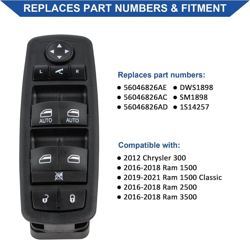 Obaee Power Window Switch Control Button Driver Side Compatible with 2016-2018 Ram 1500 2500 3500, 2019-2021 Ram 1500 Classic, 2011-2012 Dodge Journey, Replaces 56046826AC, 56046826AD, 56046826AE - Image 2