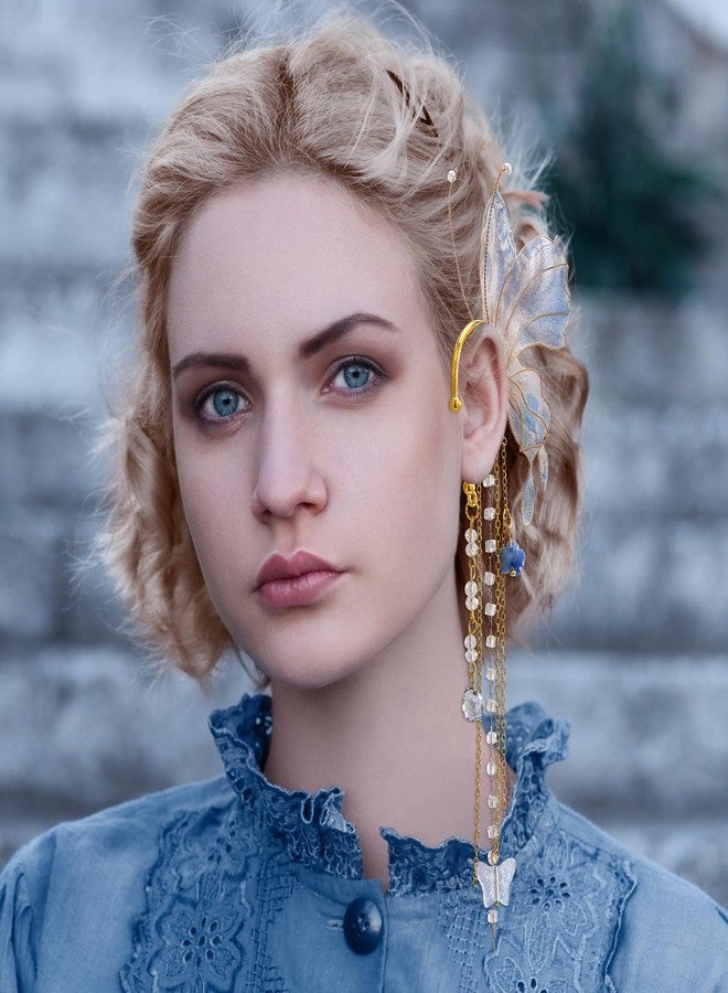 FRESHME Butterfly Elf Ear Cuffs - Fairy Ear Cuffs with Tassel Non Pierced Mermaid Ears for Women Renaissance Accessories (Blue) - Image 2