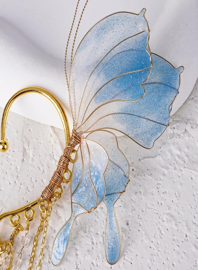 FRESHME Butterfly Elf Ear Cuffs - Fairy Ear Cuffs with Tassel Non Pierced Mermaid Ears for Women Renaissance Accessories (Blue) - Image 5