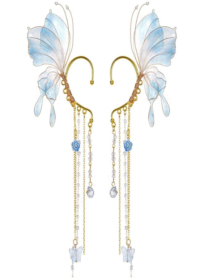 FRESHME Butterfly Elf Ear Cuffs - Fairy Ear Cuffs with Tassel Non Pierced Mermaid Ears for Women Renaissance Accessories (Blue) - Image 1