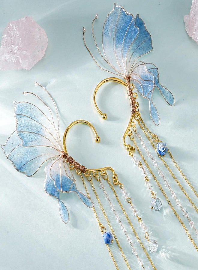 FRESHME Butterfly Elf Ear Cuffs - Fairy Ear Cuffs with Tassel Non Pierced Mermaid Ears for Women Renaissance Accessories (Blue) - Image 4