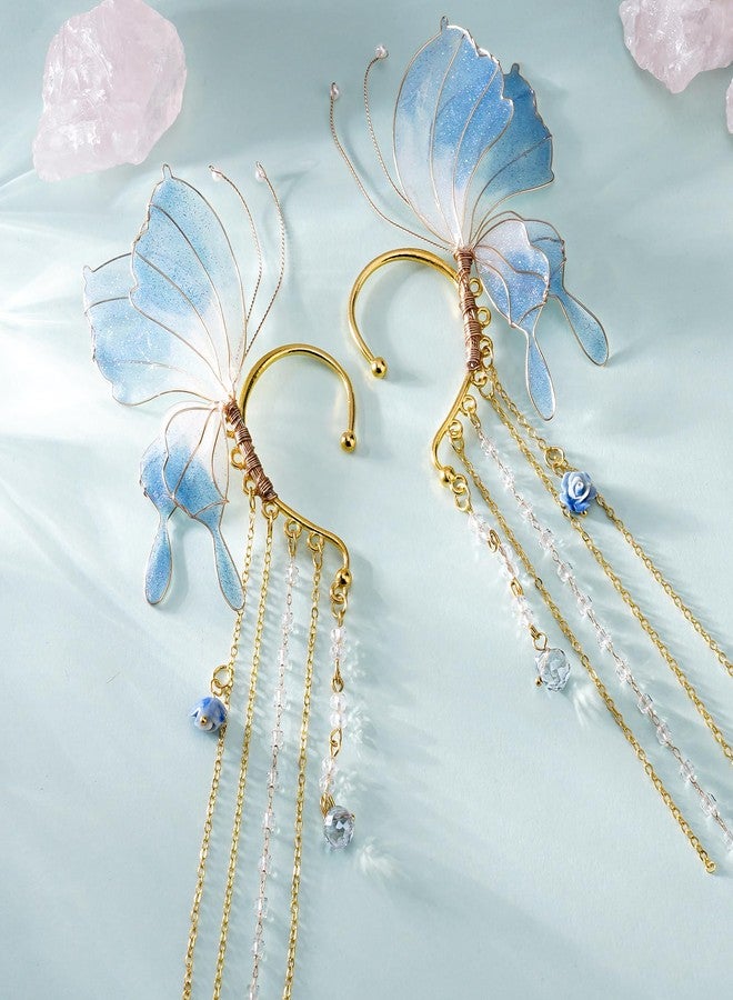 FRESHME Butterfly Elf Ear Cuffs - Fairy Ear Cuffs with Tassel Non Pierced Mermaid Ears for Women Renaissance Accessories (Blue) - Image 3