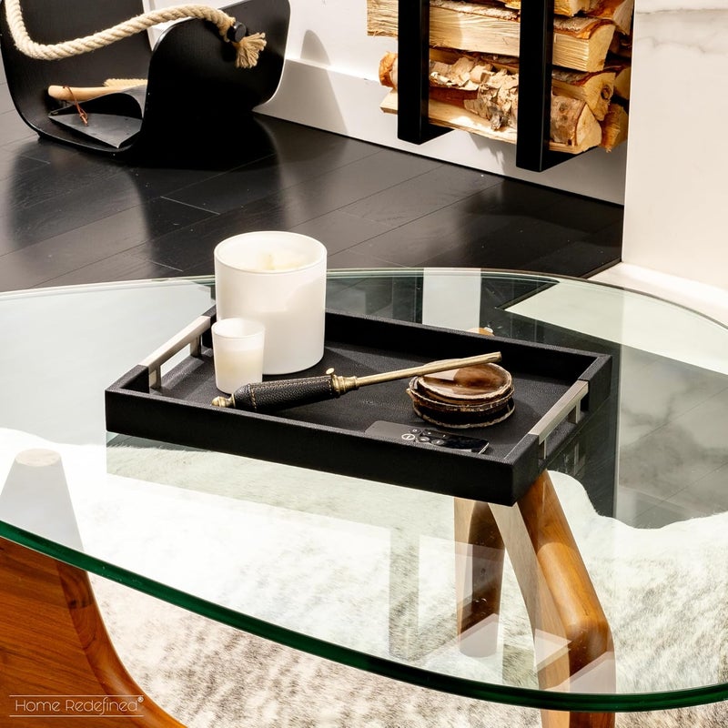 Home Redefined صينية تقديم أنيقة وعصرية، مقاس 18 × 12 بوصة، مستطيلة الشكل، من الجلد الشاجرين الأسود، زينة لطاولة القهوة العثمانية، وحمل العطور، وخزانة الملابس، والمطبخ، مع مقابض معدنية فضية، من إعادة تعريف المنزل، لجميع المناسبات. - Image 2