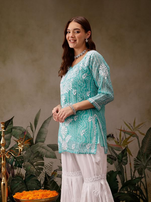 Ada Women Cotton Blend Straight Fit Hand Embroidered Lucknowi Chikankari Printed Short Kurti Top Tunic with Slip A911441 Sea Green (XL) - Image 4