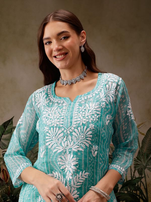 Ada Women Cotton Blend Straight Fit Hand Embroidered Lucknowi Chikankari Printed Short Kurti Top Tunic with Slip A911441 Sea Green (XL) - Image 5