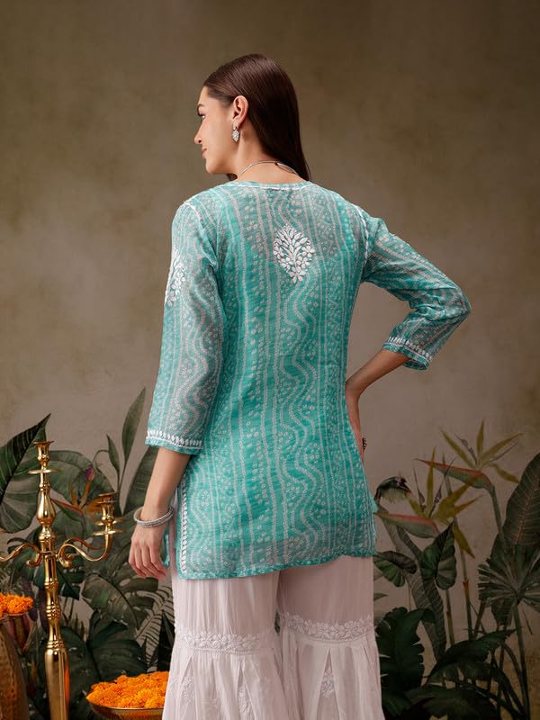 Ada Women Cotton Blend Straight Fit Hand Embroidered Lucknowi Chikankari Printed Short Kurti Top Tunic with Slip A911441 Sea Green (XL) - Image 2