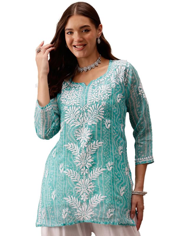 Ada Women Cotton Blend Straight Fit Hand Embroidered Lucknowi Chikankari Printed Short Kurti Top Tunic with Slip A911441 Sea Green (XL) - Image 1