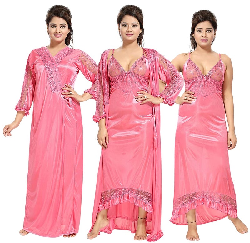 Noty Store Noty Women's Satin Solid Maxi Nighty (Pack of 2) (AB02, Pink, Free Size) - Image 1