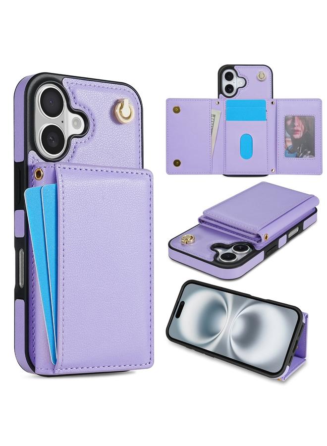 S-TOP Case For iPhone 16 Plus Three Fold Card Bag Phone Case with Long Lanyard - Image 1
