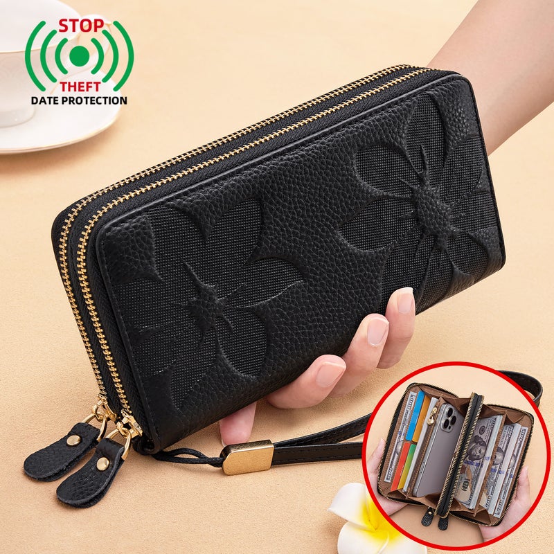 بانيانو محفظة نسائية كبيرة الحجم بسحاب مزدوج، تتسع للبطاقات والهاتف المحمول، مزودة بتقنية RFID للحماية من السرقة، بتصميم سوار معصم، مصنوعة من الجلد (رمادي) - Image 3