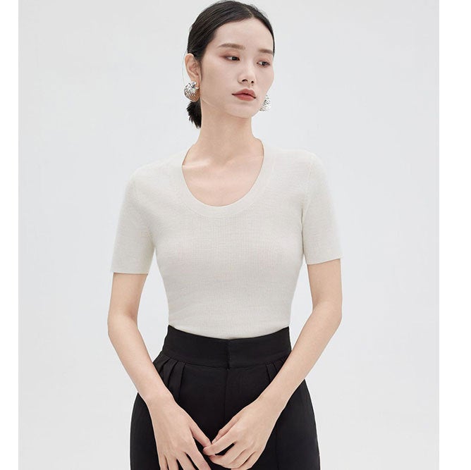Summer Wool Knit U-Neck T-Shirt Women Soft Powder - Image 2