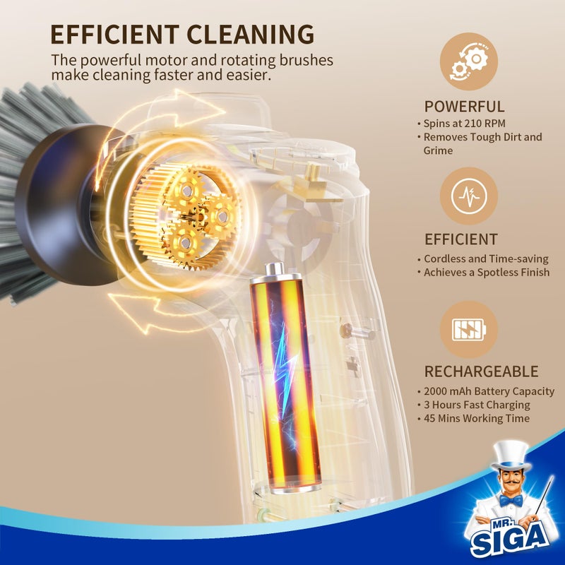 Mr Siga فرشاة تنظيف كهربائية دوارة من MR.SIGA لتنظيف المطبخ والحمام، فرشاة دوارة لاسلكية قابلة لإعادة الشحن ومقاومة للماء مع 5 فرش وألواح تنظيف قابلة للاستبدال - Image 4