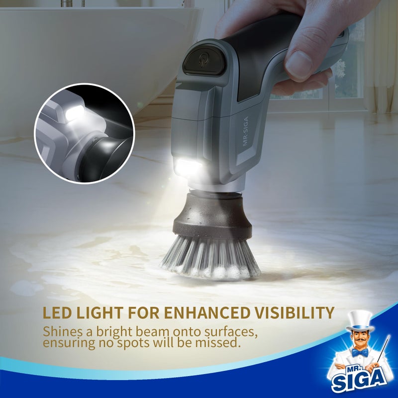 Mr Siga فرشاة تنظيف كهربائية دوارة من MR.SIGA لتنظيف المطبخ والحمام، فرشاة دوارة لاسلكية قابلة لإعادة الشحن ومقاومة للماء مع 5 فرش وألواح تنظيف قابلة للاستبدال - Image 3