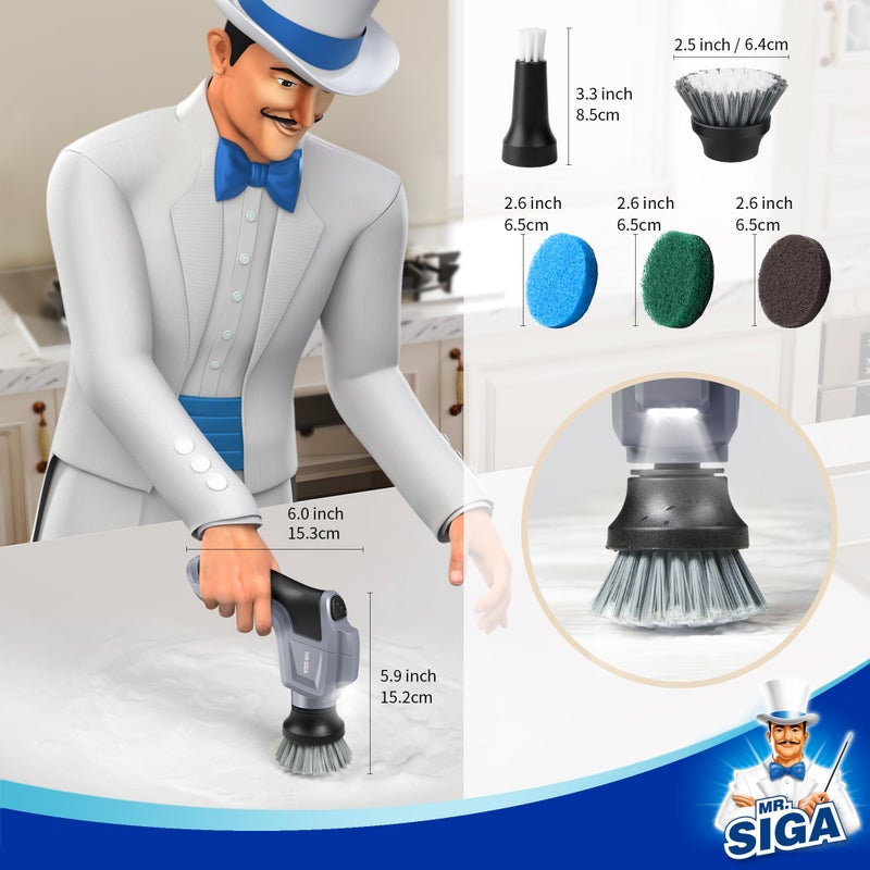 Mr Siga فرشاة تنظيف كهربائية دوارة من MR.SIGA لتنظيف المطبخ والحمام، فرشاة دوارة لاسلكية قابلة لإعادة الشحن ومقاومة للماء مع 5 فرش وألواح تنظيف قابلة للاستبدال - Image 2