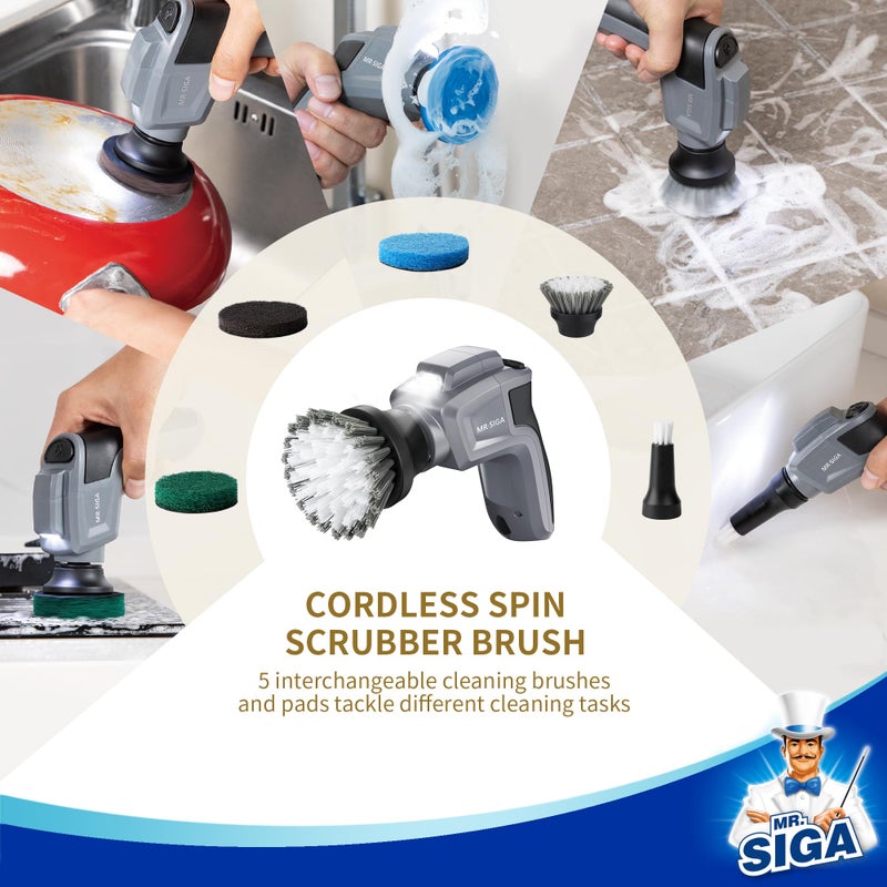 Mr Siga فرشاة تنظيف كهربائية دوارة من MR.SIGA لتنظيف المطبخ والحمام، فرشاة دوارة لاسلكية قابلة لإعادة الشحن ومقاومة للماء مع 5 فرش وألواح تنظيف قابلة للاستبدال - Image 5