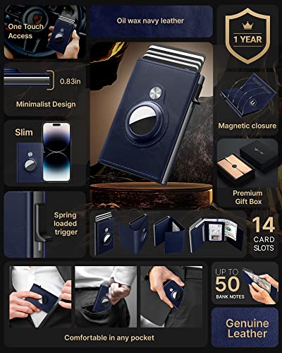 typecase Mens Wallet Card Holder for AirTag: Leather Smart Wallet for Men Compatible with Apple Air Tag, RFID Blocking, Slim, Minimalist - 9-14 Card Capacity | ID Window | Cash Slot (Navy) - Image 2