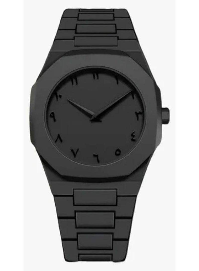 ساعة يد رجالية سوداء بالكامل مع مينا سوداء باللغة العربية - Image 1