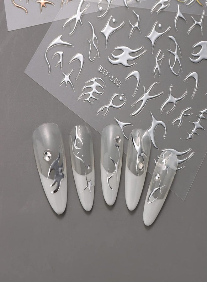 Vezocim Silver Nail Art Stickers, Leopard Butterfly Sun Moon Stars Heart Line Nail Self-Adhesive Sticker Design, 3D Silver Nail Transfer Decals for Women Girls Manicure Charms Decorations, DIY Nail Art Decal - Image 5