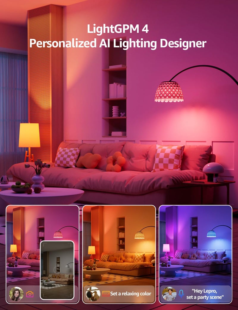 Lepro B1 AI Smart Light Bulbs - WiFi & Bluetooth RGBWW Color Changing LED Bulb Works with Alexa & Google Assistant, Personalized Al Lighting Designer, AI Voice Control, Music Sync, 2.4GHz Only, 2 Pack - Image 2