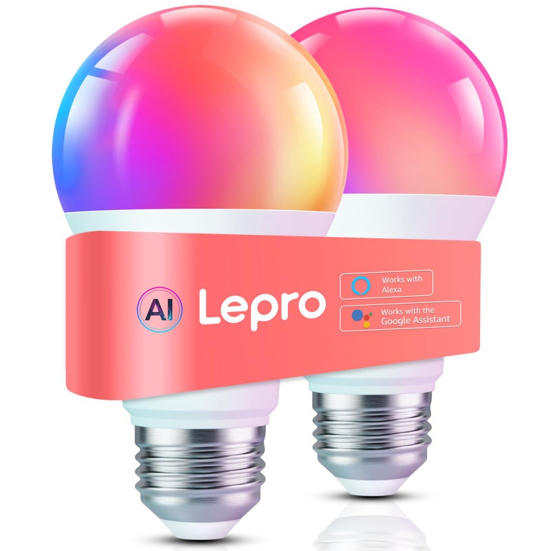 Lepro B1 AI Smart Light Bulbs - WiFi & Bluetooth RGBWW Color Changing LED Bulb Works with Alexa & Google Assistant, Personalized Al Lighting Designer, AI Voice Control, Music Sync, 2.4GHz Only, 2 Pack - Image 1