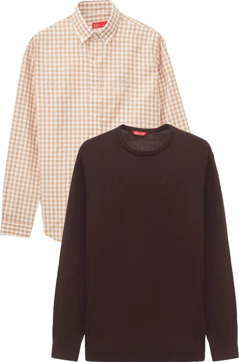 D'S DAMAT D'S Groom Ds Groom Slim Fit Camel Cotton Blend 2-Piece Crew Neck Knitwear and Shirt