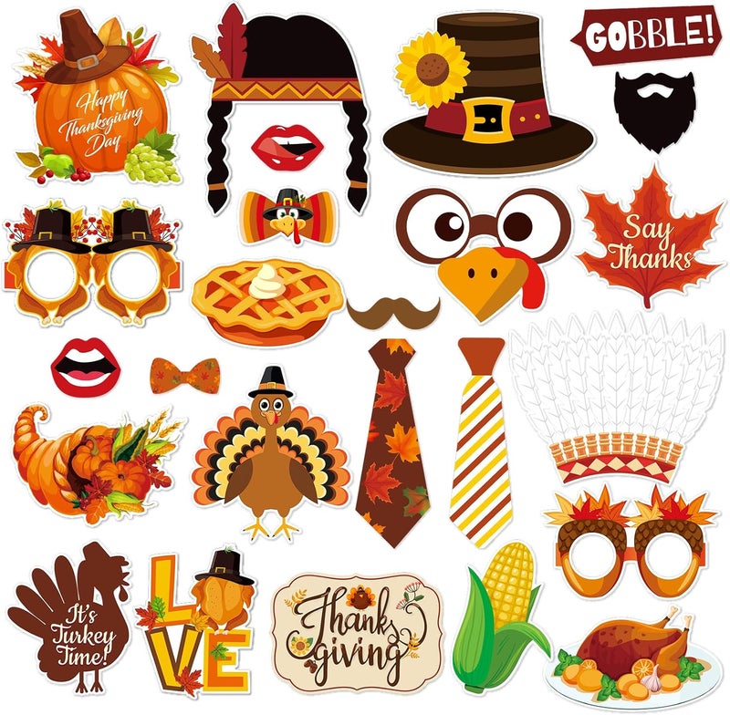 Konsait Happy Thanksgiving Photo Booth Props25 Pcs Fall Theme Photography Props Turkey Day Selfie Photo Props with Stick for Fall Harvest Thanksgiving Theme Party Favors Decorations Supplies - Image 1