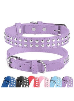 BINGPET Leather Dog Collar,Adjustable Dog Real Split PU Leather Studded Pet Dog Collar,Studded Dog Collar Leather Pet Collars for Small Medium Large Pet - Purple M  - Image 1