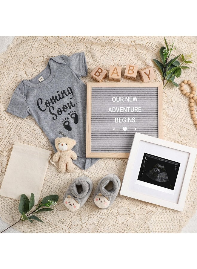 كانلير مجموعة إعلان الحمل من Canlierr، 9 قطع، أفكار إعلان الحمل، لوحة حروف من اللباد، بدلة أطفال، أحذية أطفال، إطار صور، مكعبات خشبية على شكل دب، لإعلان الطفل القادم قريبًا (رمادي، كلاسيكي) - Image 1