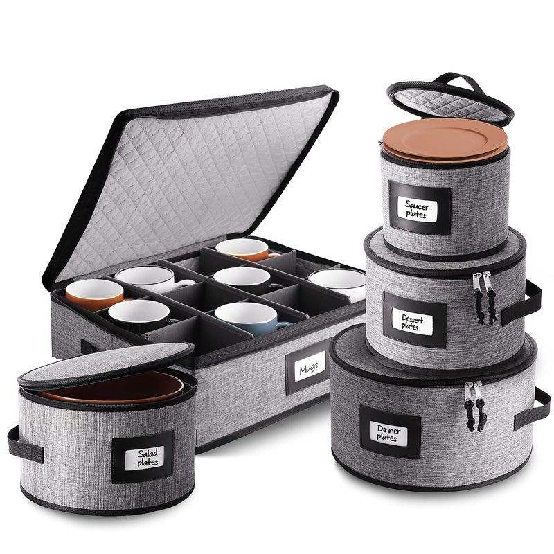 Fine China Hard Shell Dish Organizer  5 Piece Stackable Mug and Plate Storage Containers with Dividers for Moving and Seasonal Storage
