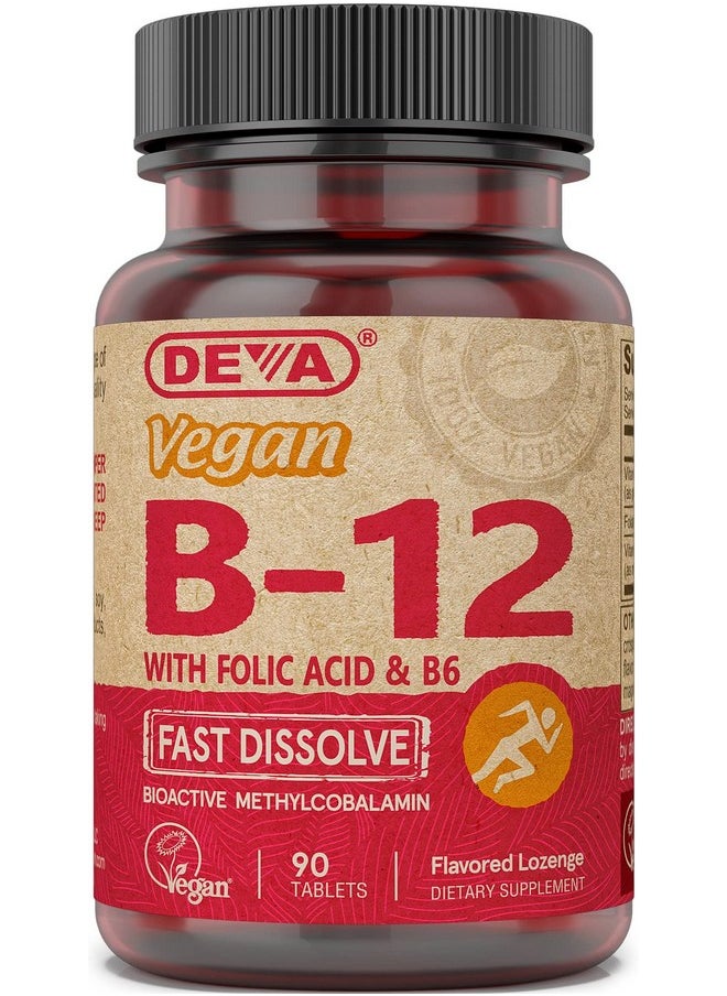 Deva - DEVA Vegan Vitamin B12 Fast Dissolve Supplement - Once-Per-Day Complex with 1000 Mcg Methylcobalamin B12, Folic Acid, B6 - Lemon Flavor - 90 Dissolvable Tablets, - Image 1