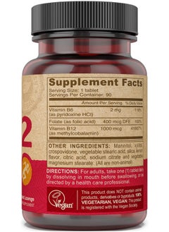 Deva DEVA Vegan Vitamin B12 Fast Dissolve Supplement - Once-Per-Day Complex with 1000 Mcg Methylcobalamin B12, Folic Acid, B6 - Lemon Flavor - 90 Dissolvable Tablets,  - Image 3
