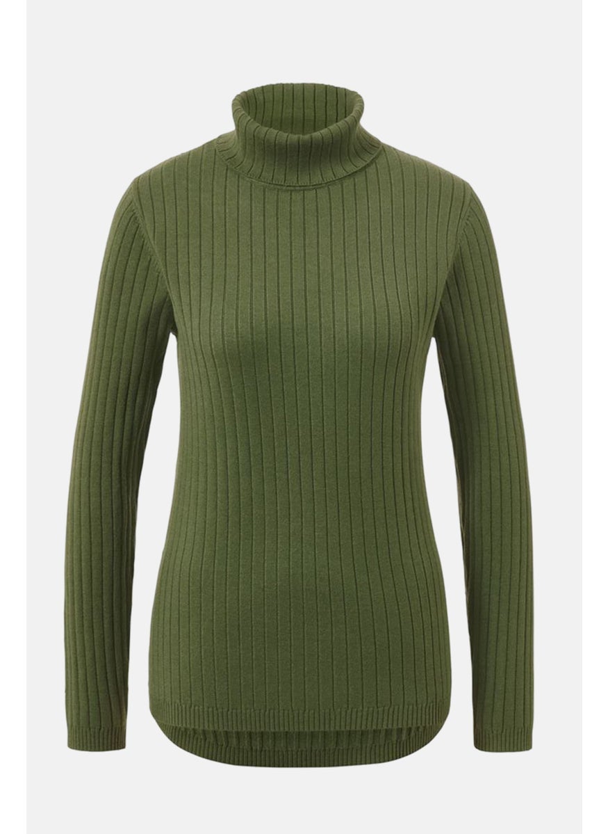Tchibo Women Turtle Neck Long Sleeve Ribbed Sweater, Dark Green  - Image 3