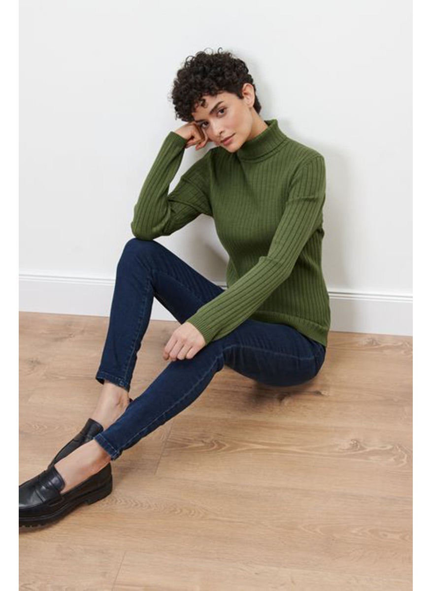 Tchibo Women Turtle Neck Long Sleeve Ribbed Sweater, Dark Green  - Image 1