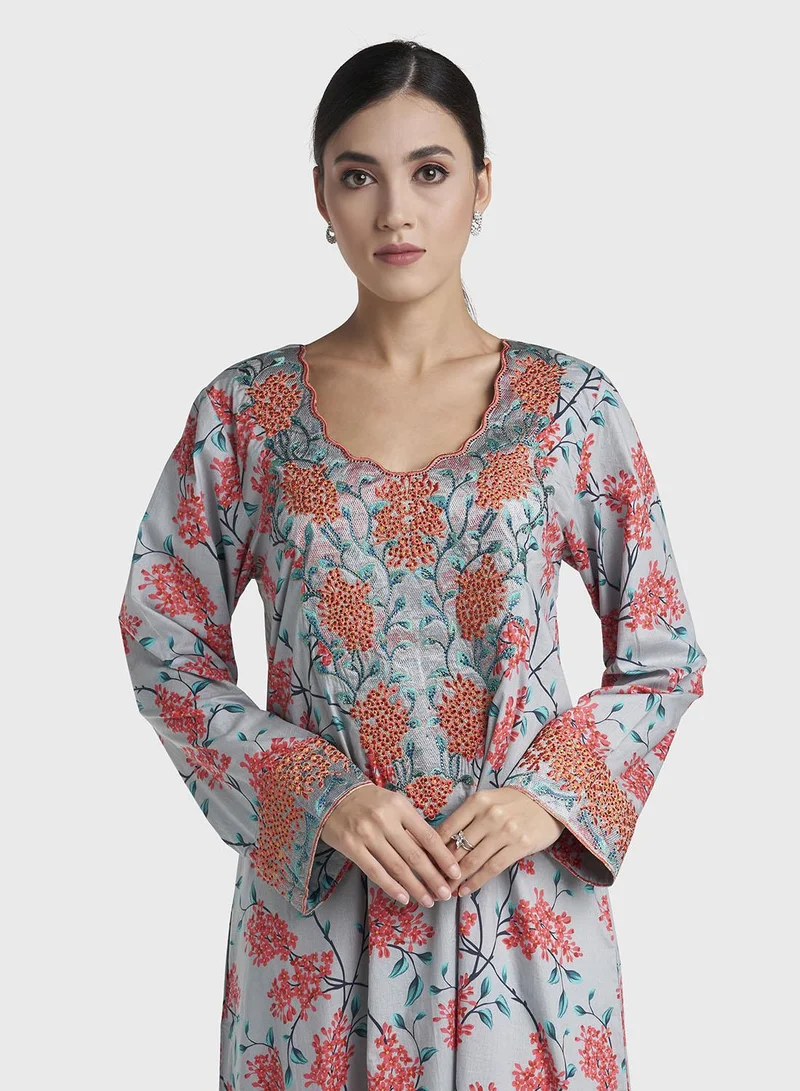 كشخة Grey Floral Print Stone Work Cotton Mukhawar Jalabiya (VG2991)