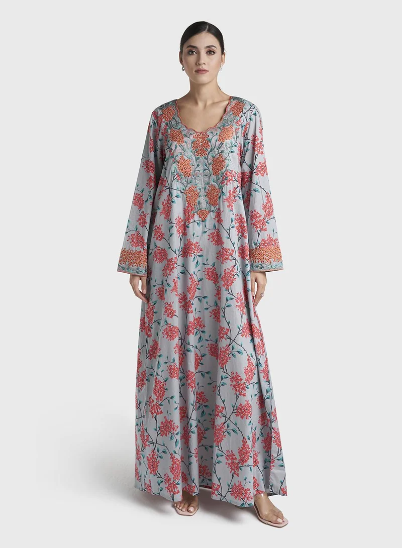 كشخة Grey Floral Print Stone Work Cotton Mukhawar Jalabiya (VG2991)