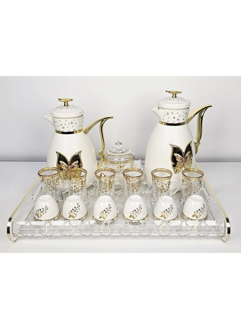 دمنهور 22 قطعة طقم قهوة شاي عربي مع 1 صينية 2 قطعة ترمس ذهب أبيض 6 أكواب كاوا 6 أكواب شاي 6صحون 1 وعاء سكر