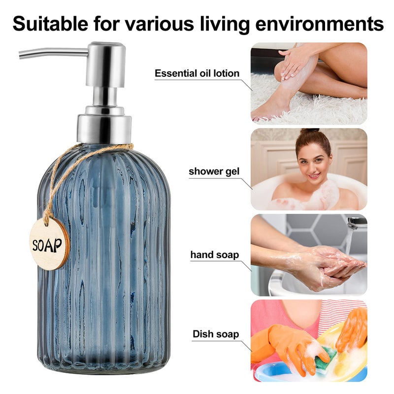 MOCLIF 16 OZ Soap Dispenserï¼ŒTempered Glass Clear Vertical Stripe with 304 Rust Proof Stainless Steel Pump Refillable Liquid Hand Soap Dispenserï¼Œfor Bathroom, Kitchen, Dish Soapï¼ŒLotion (Blue Grey) - Image 4