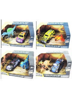 Miniso A set of four assorted dinosaur and pull-back cars for thrilling races and play. 