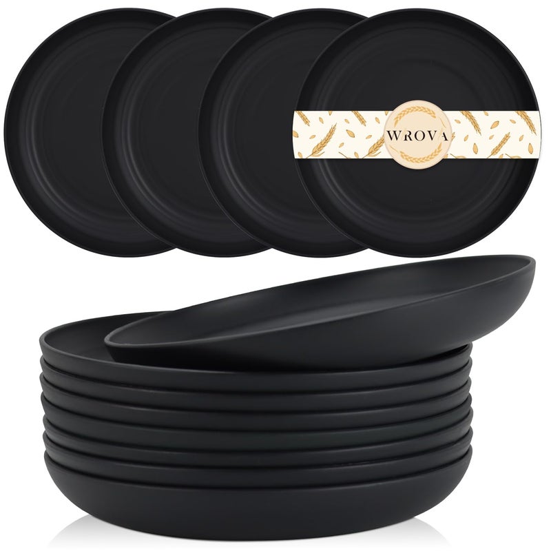 Wrova Wheat Straw Plates - 8 Inch Unbreakable Dinner Plates Set of 8 - Dishwasher & Microwave Safe Plastic Plates Reusable - Lightweight Plates for kitchen,R.V (pure black) - Image 1