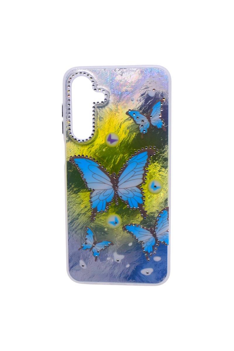 TPU Butterflies and Rhinestones Back Cover Case For Samsung Galaxy A16 - Yellow Blue - Image 1