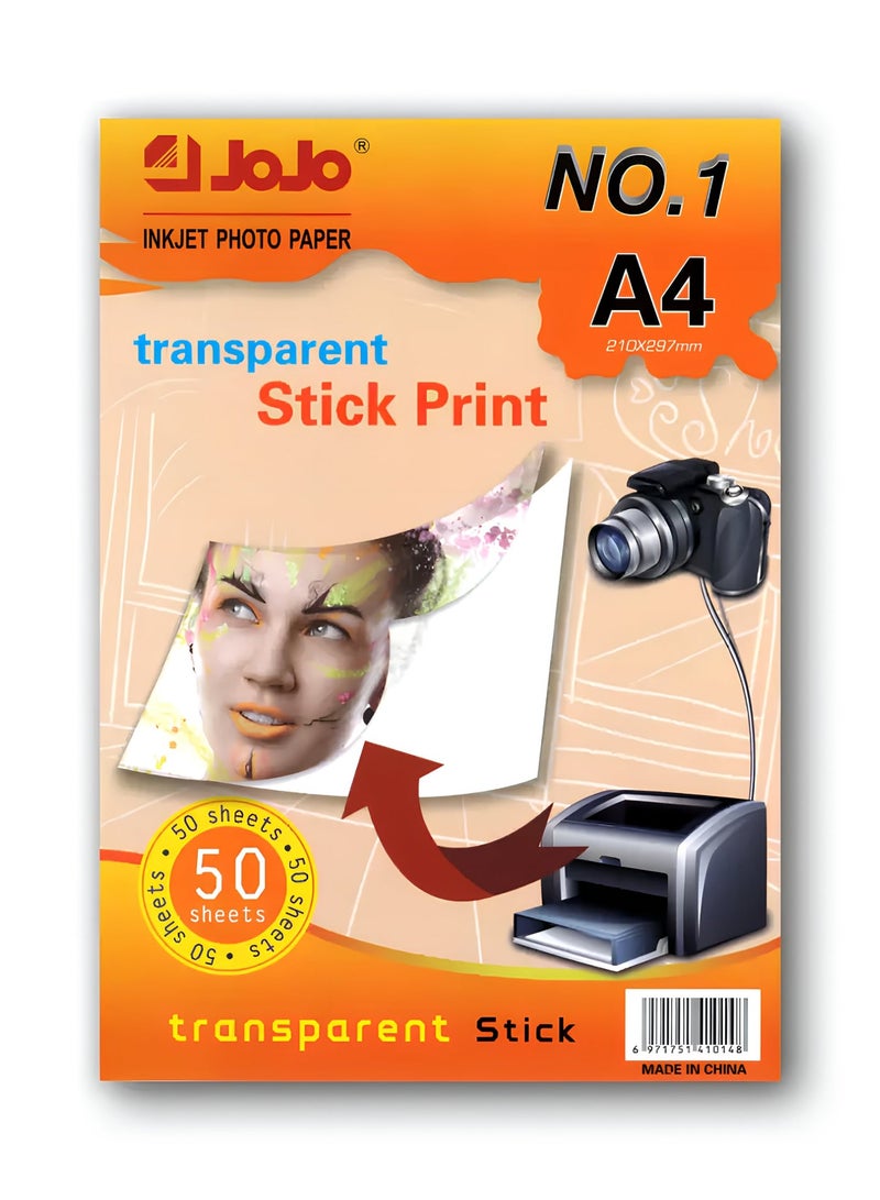 JOJO A4 Transparent Printable Sticker Paper for Inkjet Printers, Clear Adhesive Sheets, 50 Sheets - Image 1