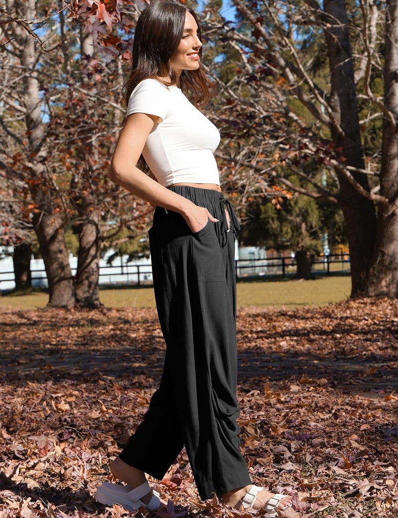 TARSE Women Linen Pants Casual Loose Drawstring Low Waist Beach Palazzo Harem Pants, Black, XL - Image 2
