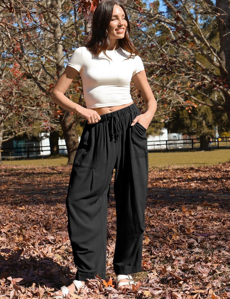 TARSE Women Linen Pants Casual Loose Drawstring Low Waist Beach Palazzo Harem Pants, Black, XL - Image 1