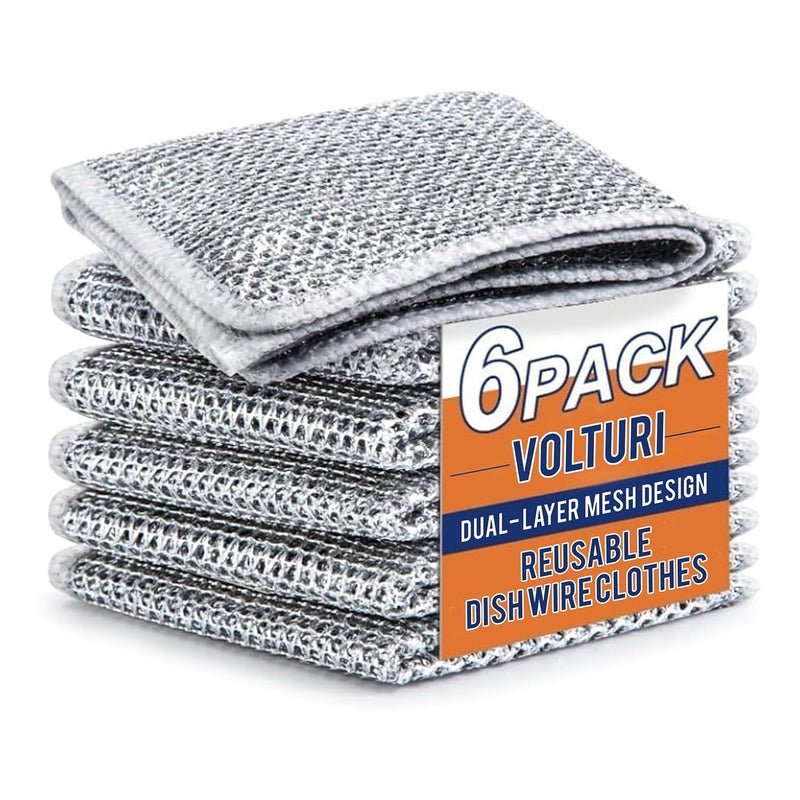 VOLTURI Non Scratch Wire Dish Cloth (Pack of 6), Steel Scrubber for Utensils Cleaning, Multipurpose Wet and Dry Cleaning, Stainless-Steel Dish Wash Scrubber for Washing Dishes, Sinks, Counters - Image 1