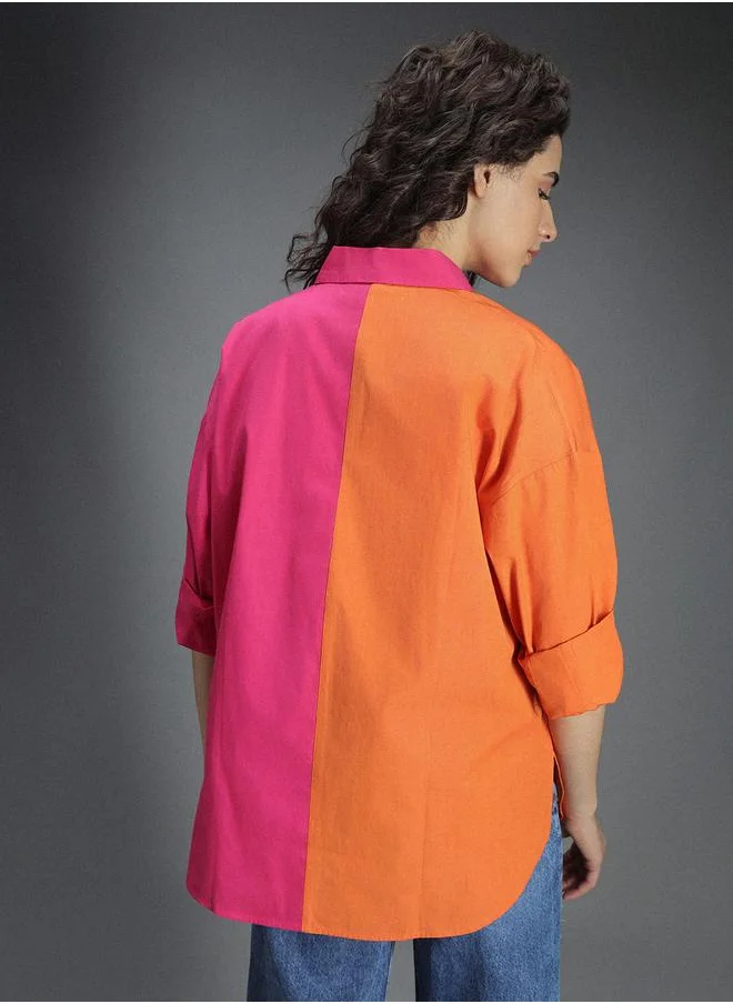 HIGH STAR Stay effortlessly stylish with this comfortable Multicolour Oversized Shirts ColorBlock design crafted from 100% Cotton featuring Long Sleeves with Button closure.