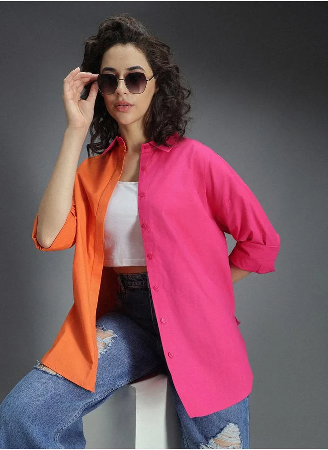 HIGH STAR Stay effortlessly stylish with this comfortable Multicolour Oversized Shirts ColorBlock design crafted from 100% Cotton featuring Long Sleeves with Button closure.