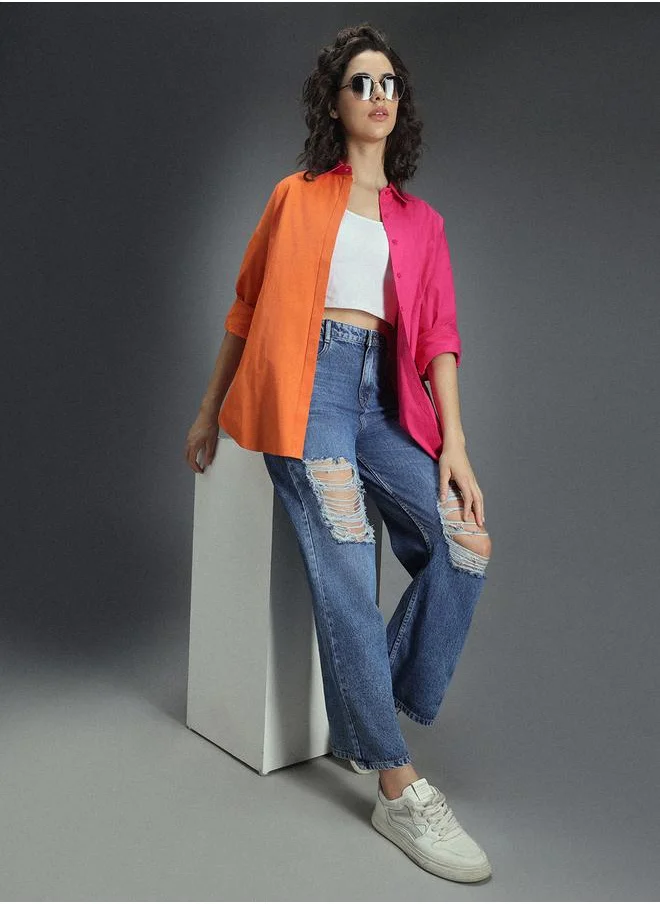 HIGH STAR Stay effortlessly stylish with this comfortable Multicolour Oversized Shirts ColorBlock design crafted from 100% Cotton featuring Long Sleeves with Button closure.